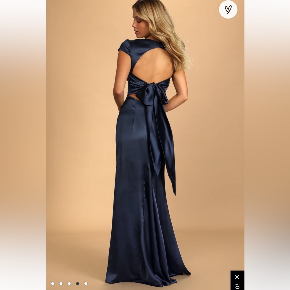 Lulu's Navy Satin Open-Back Maxi Dress with Bow